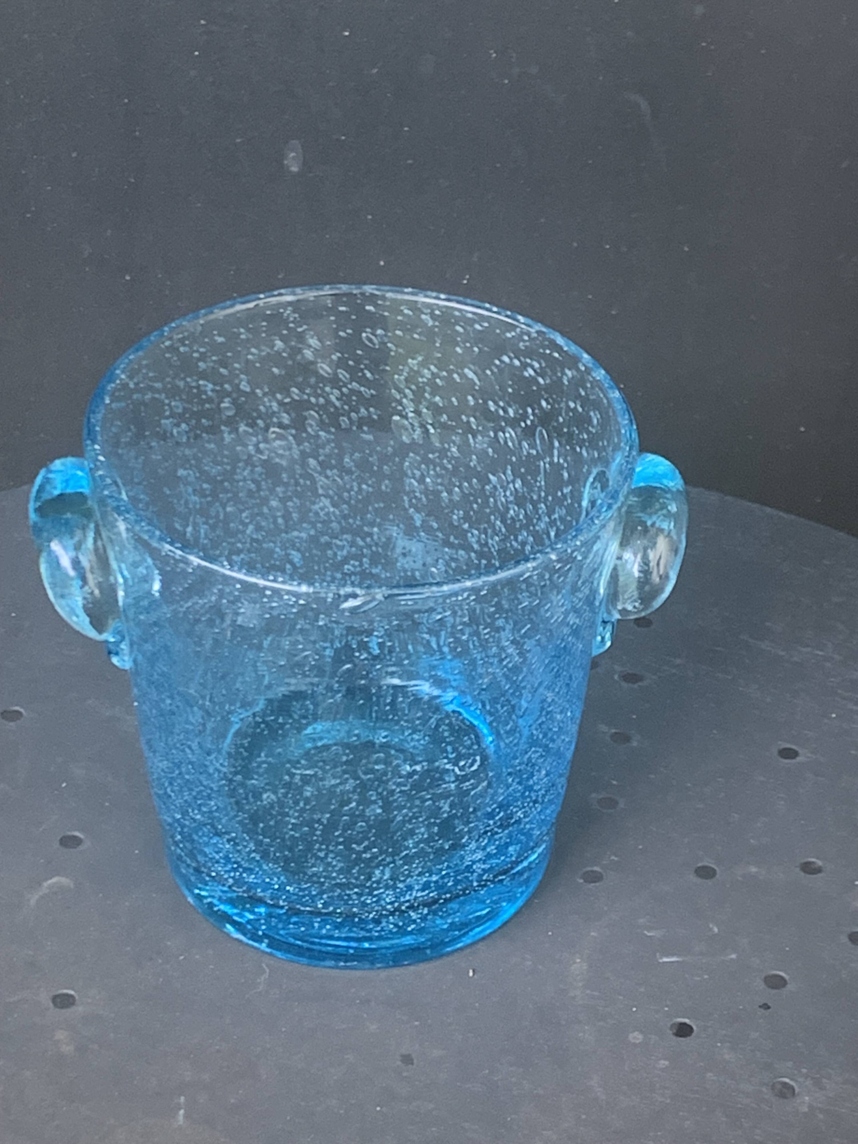 Vintage Biot Blue Blown Glass Ice Bucket