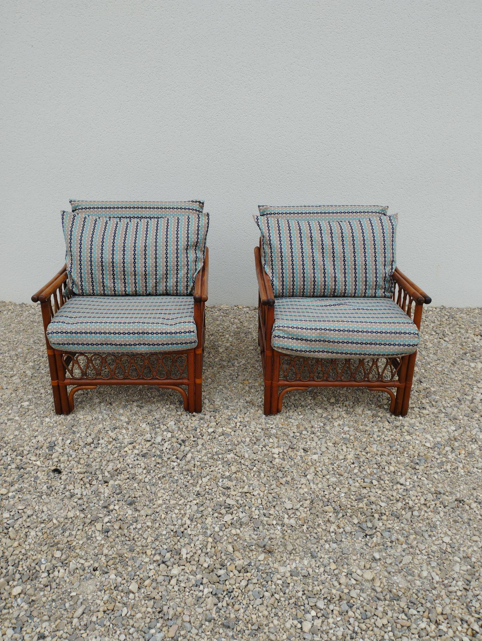 Pair of glacier blue rattan armchairs French Riviera vintage ép