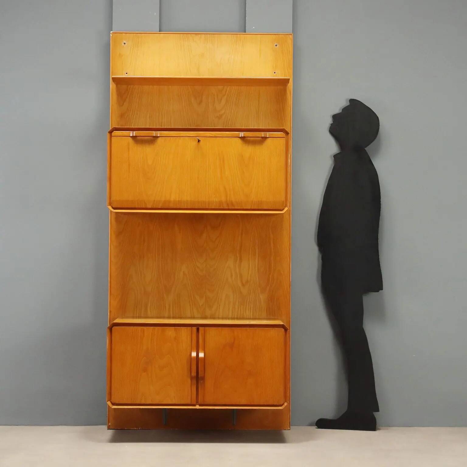 Vintage maple cabinet with drop-down front, Italian design, 1960s.