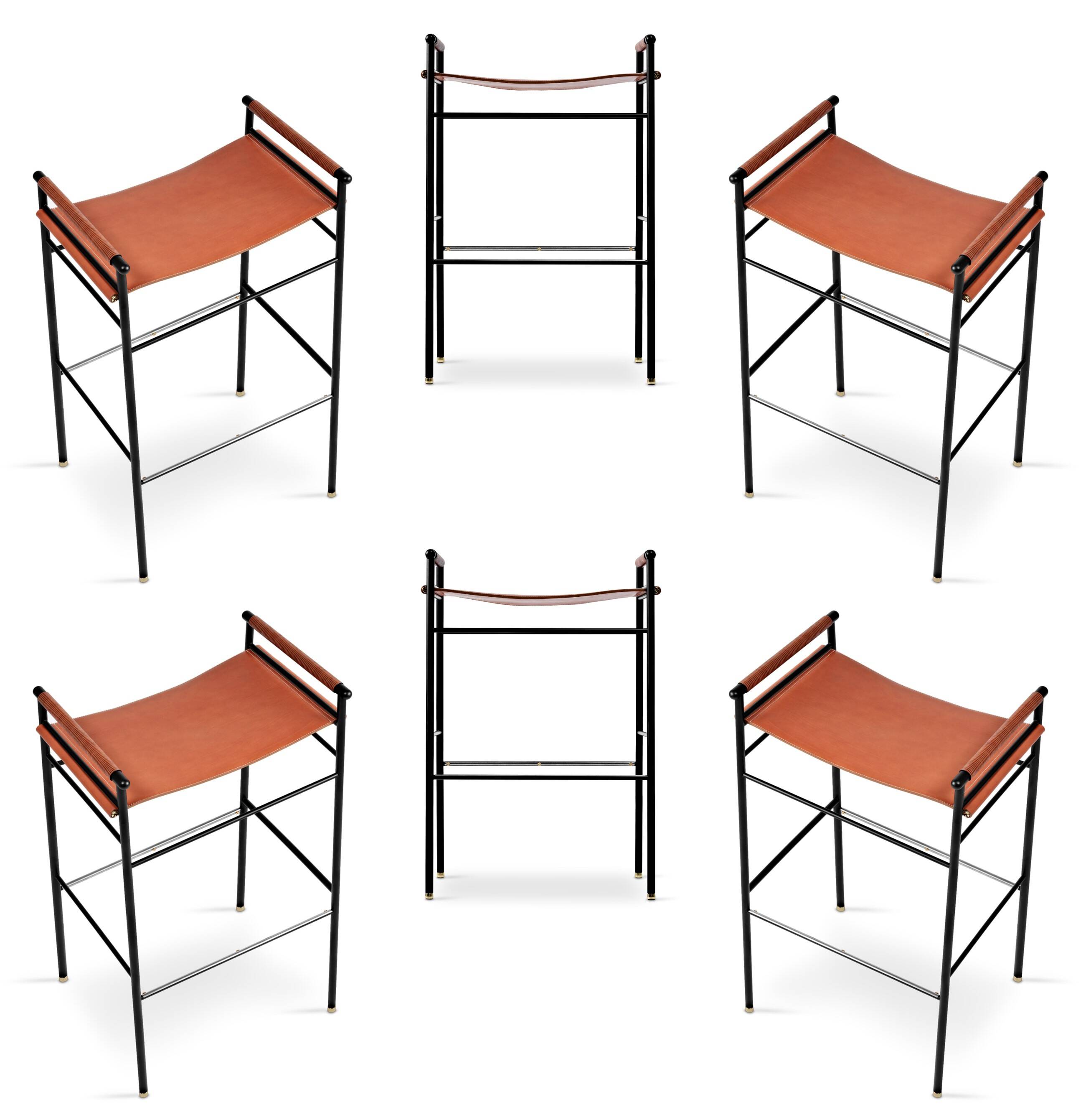 6 tabourets de bar contemporains en cuir tabac naturel