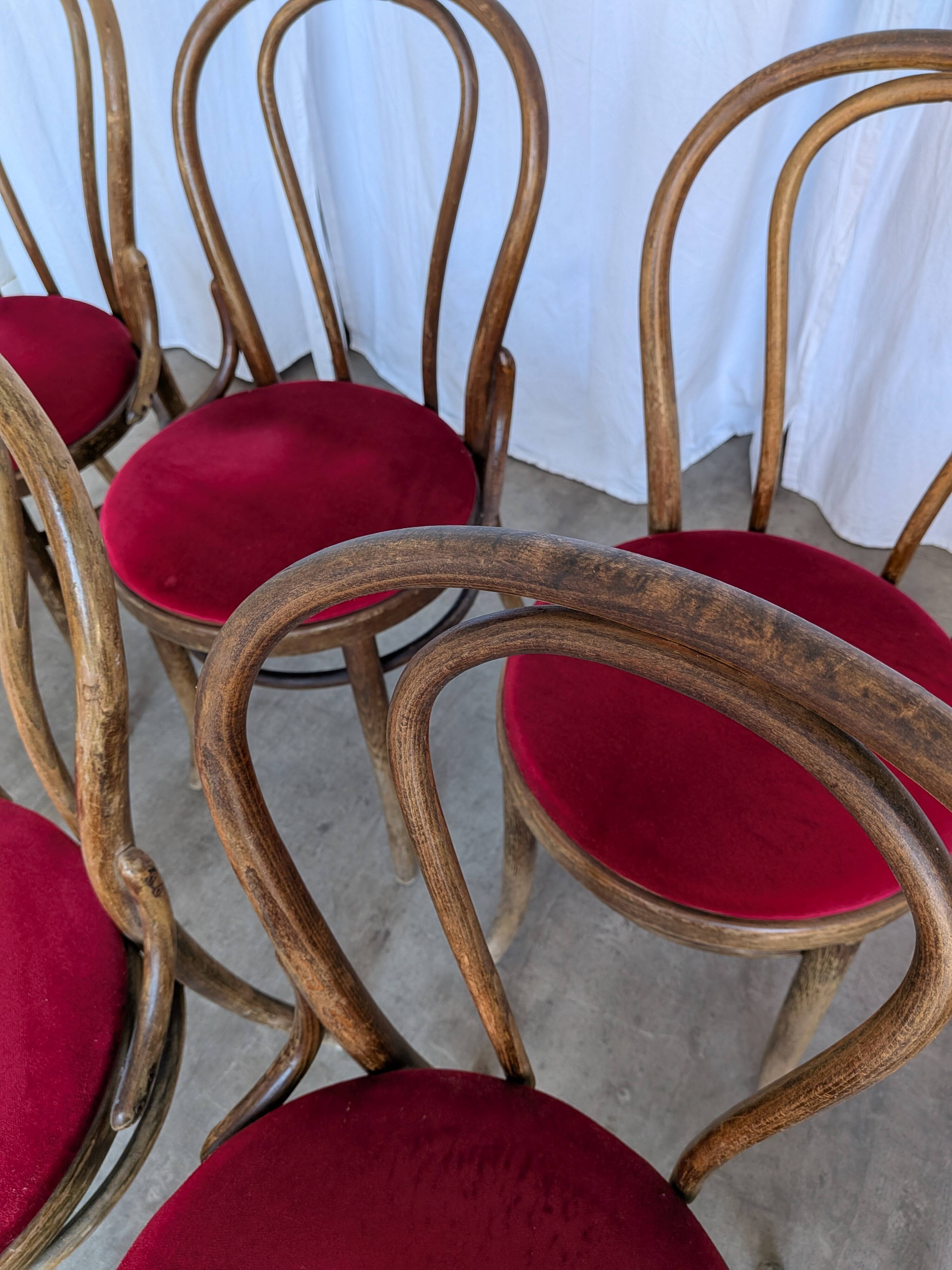 Set of 8 Vintage Bentwood Bistro Chairs: Red Upholstery