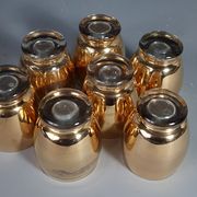 Alcohol service: bottle - 7 golden puffed glasses, vintage mahogany tray 50s sb