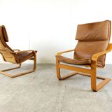 Leather Poäng Chairs & Footrest by Noboru Nakamura for IKEA, 1990s
