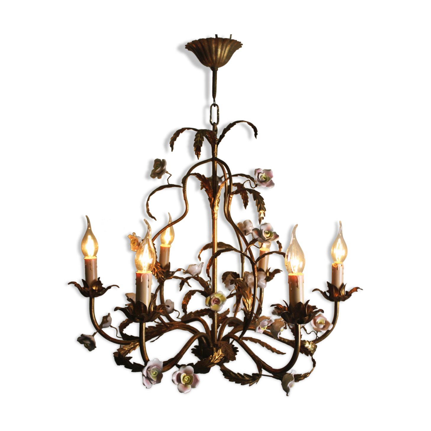 Golden metal chandelier with porcelain flowers, 50's