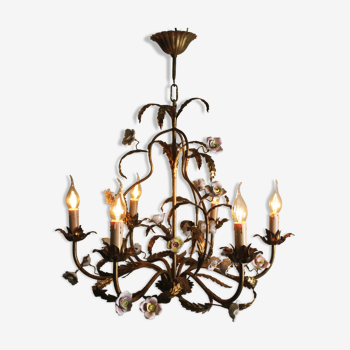 Golden metal chandelier with porcelain flowers, 50's