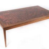 Table basse en teck avec carreaux rouges de design danois, années 1960