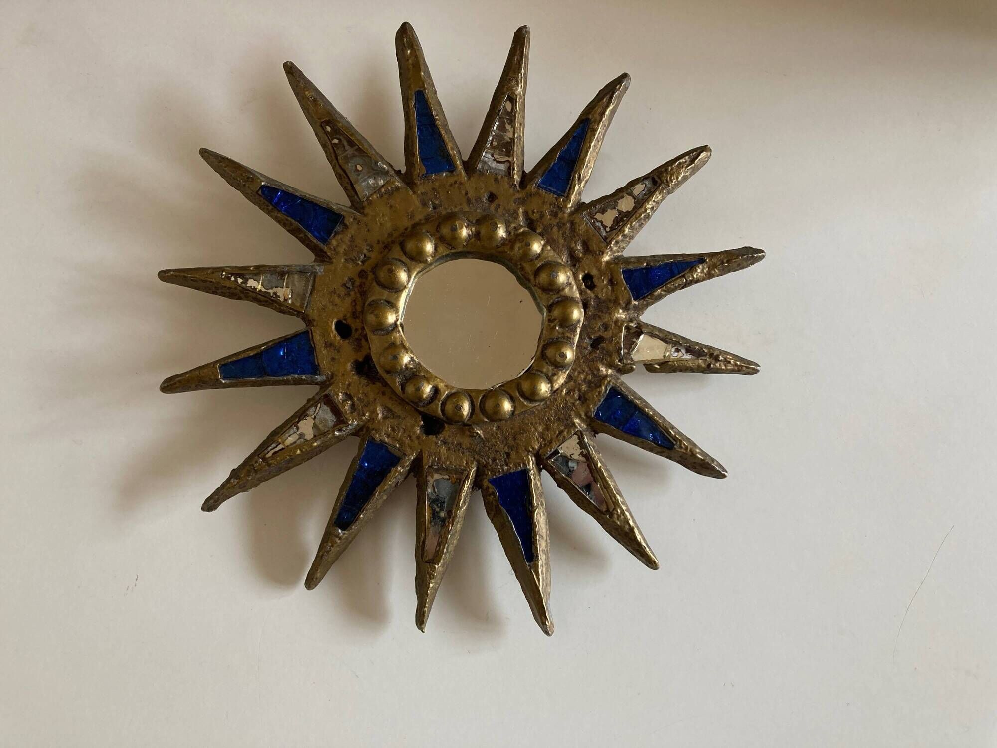 Sun mirror in gilded lead and blue glass Irena Jaworska 1960