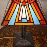 old art nouveau lamp, edgar brandt, tiffany style lampshade 37x28