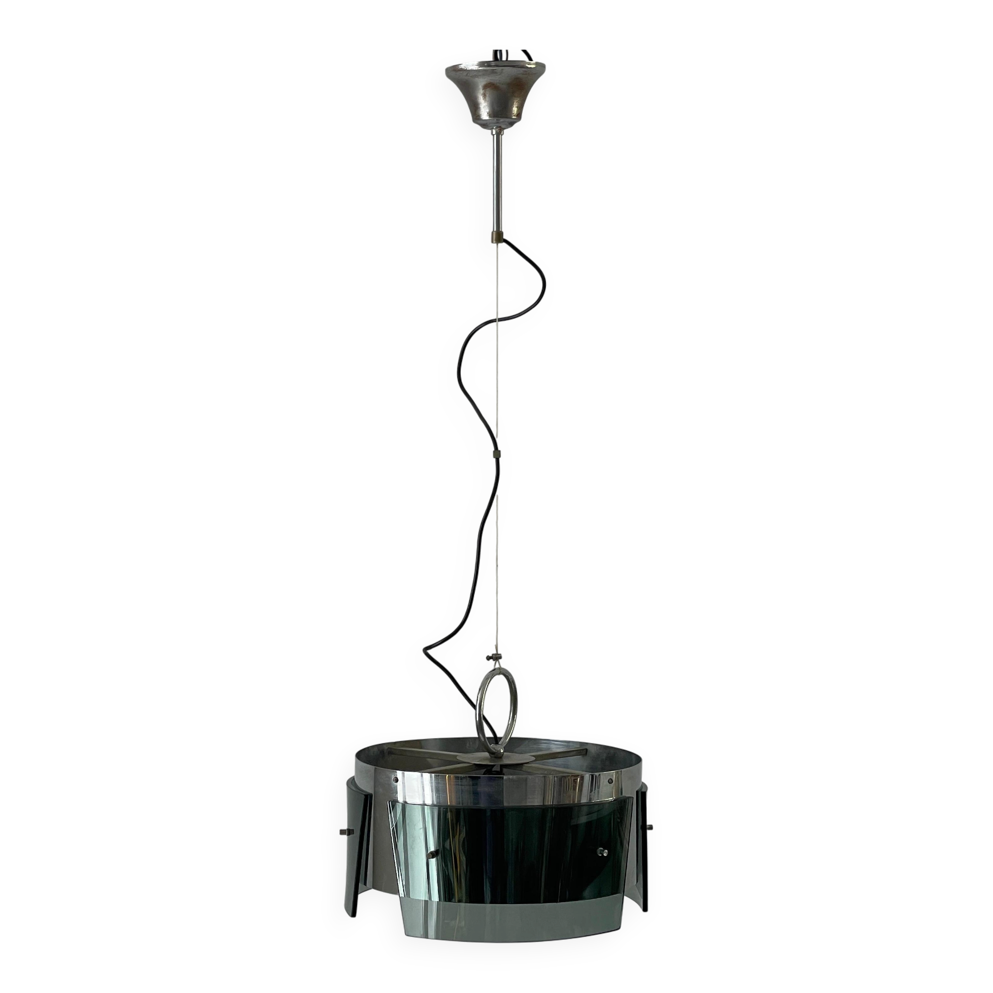 Suspended lamp in green glass and chrome, 1960s, Italy