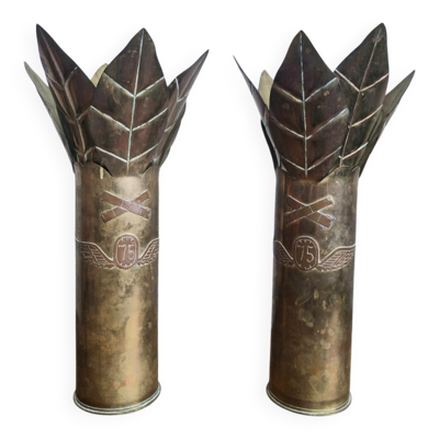 Rare Paire de Vases Trench Art 75mm Grande Guerre 1916 Laiton Cuivre