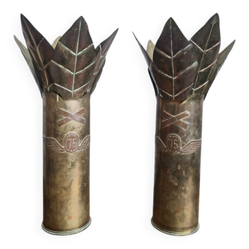 Rare Paire de Vases Trench Art 75mm Grande Guerre 1916 Laiton Cuivre