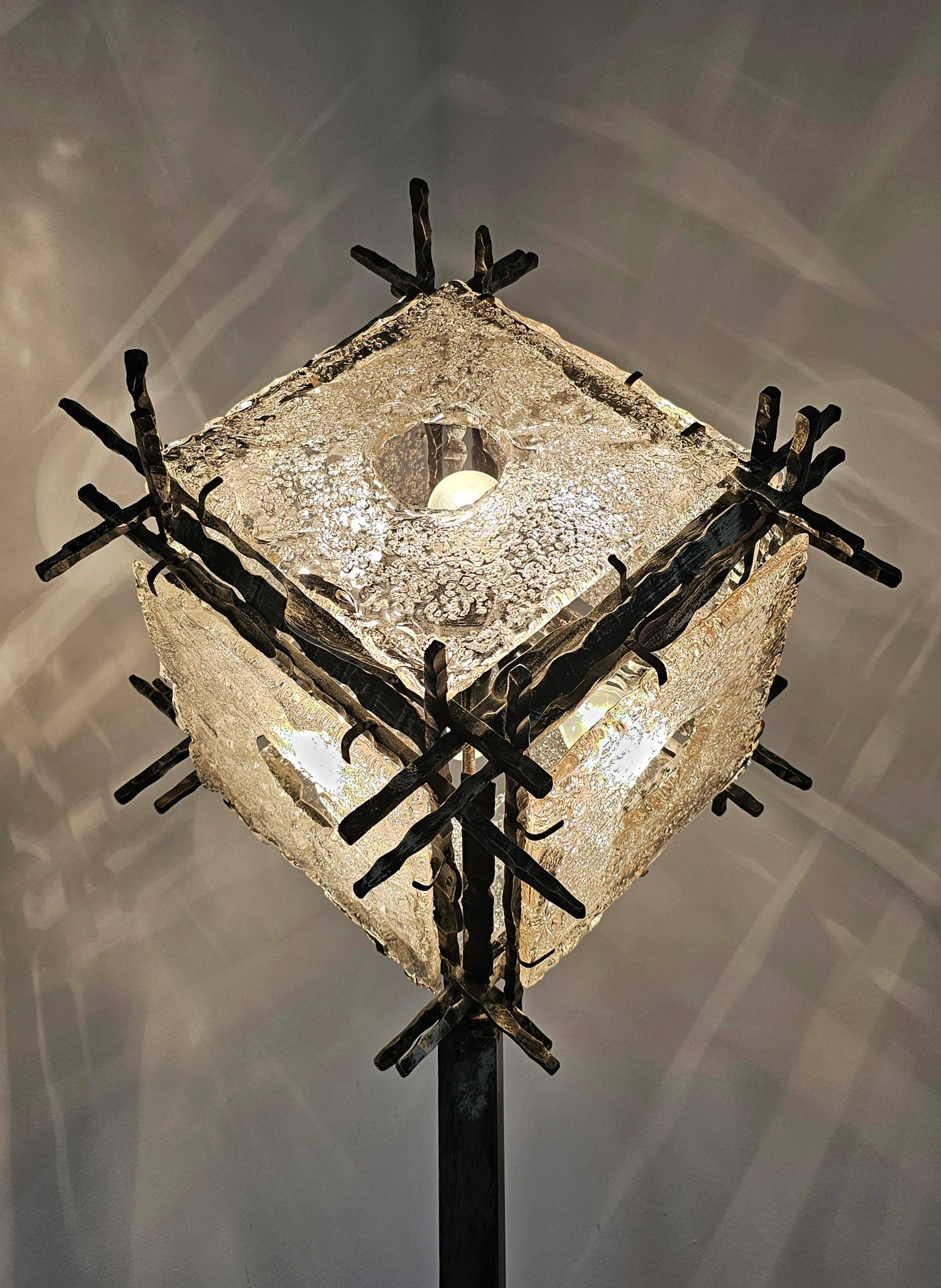 Brutalist floor lamp with Murano glass panels by Longobard.