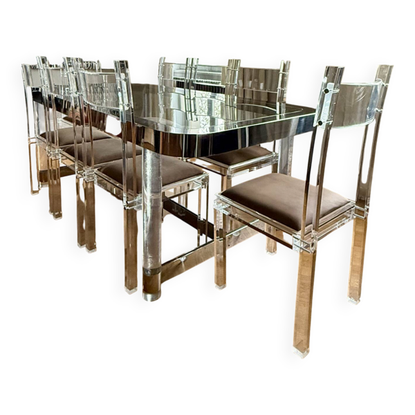Ensemble salle à manger années 1970 en plexiglas, chrome et verre – ta