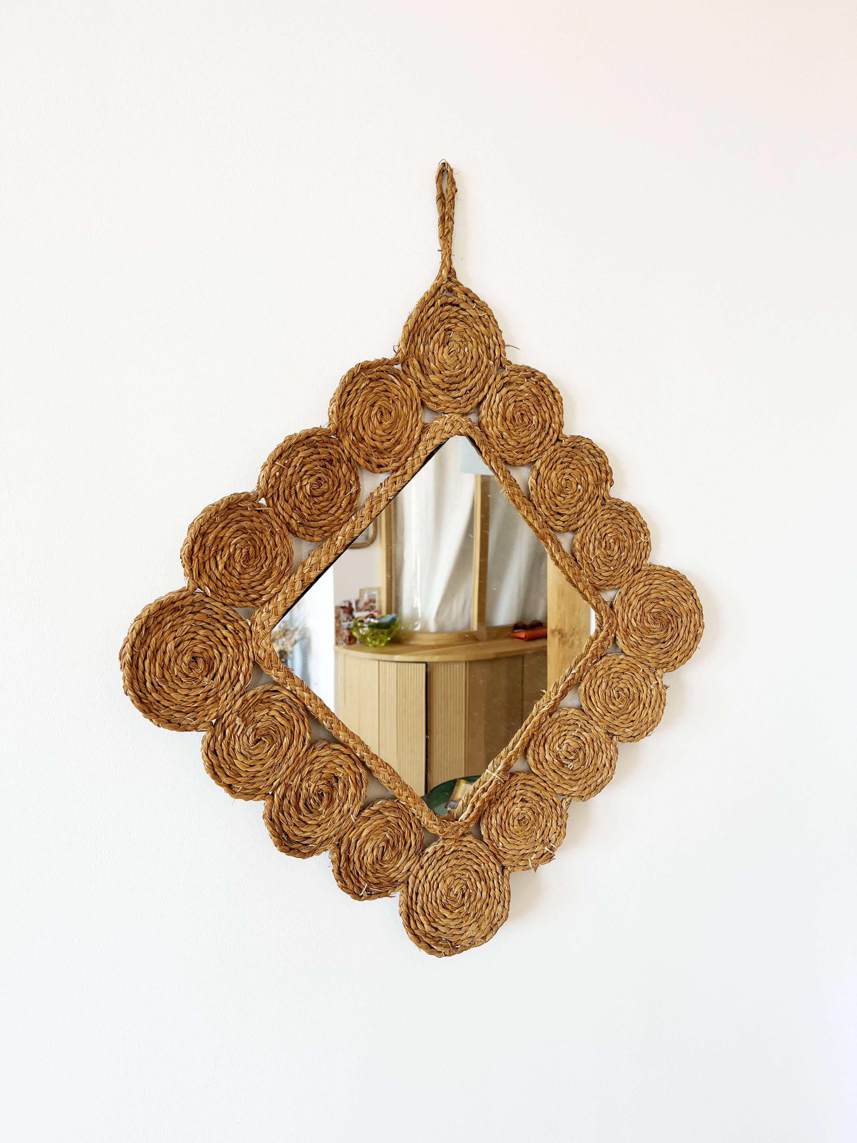Vintage 1960s braided raffia mirror
