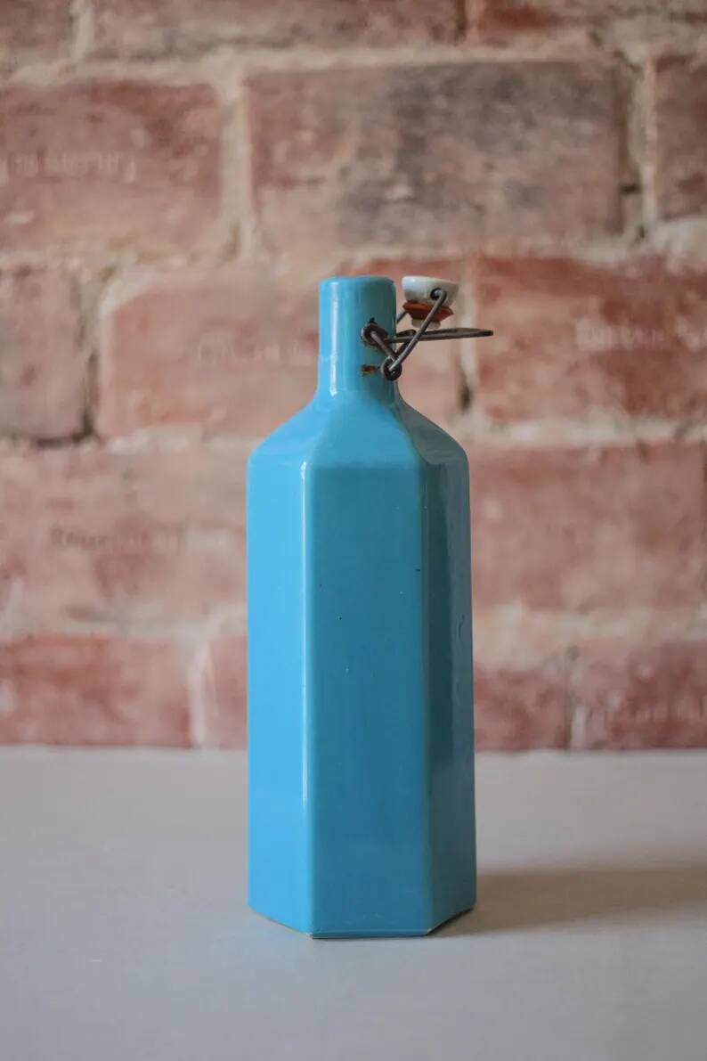 Bouteille de limonade en grès vernissé bleu , grès d'Alsace, poterie, collection