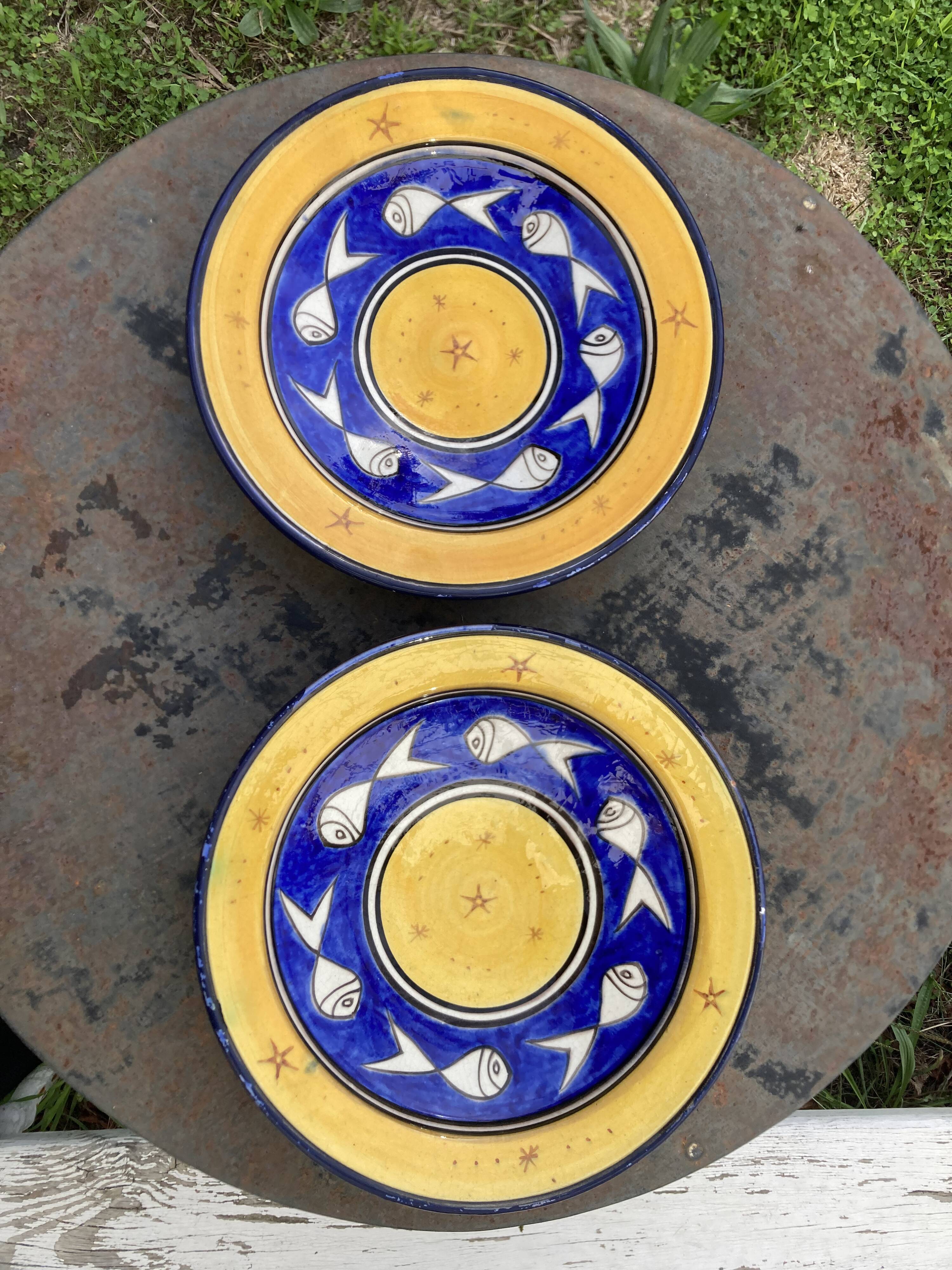 Pair of dishes Safi Dmani ethnic ceramic fish yellow and blue - vintage pottery