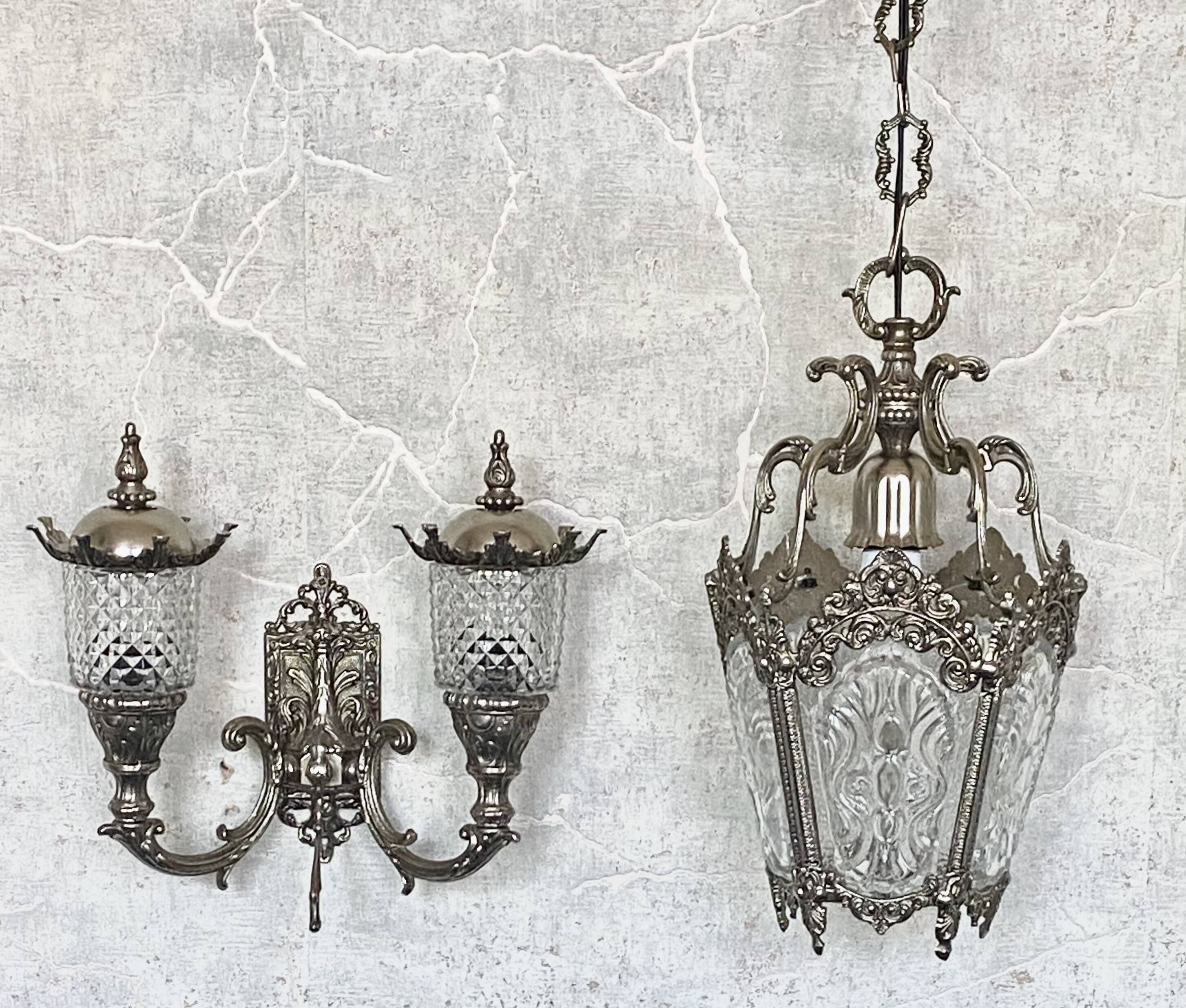 Set of lantern chandelier and double wall light — baroque style, silver metal