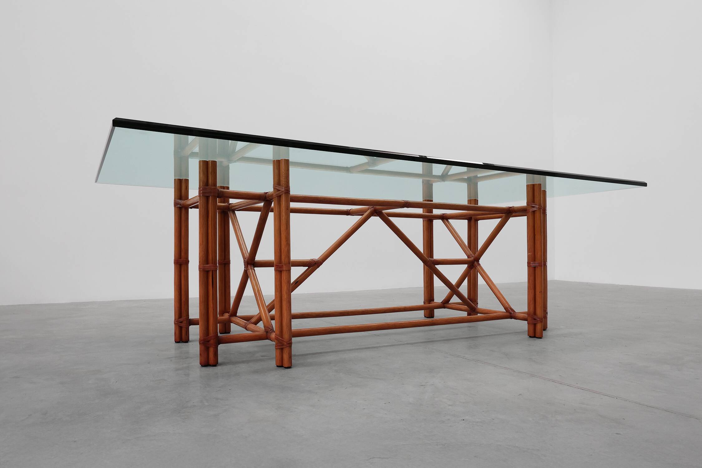 Large monumental bamboo dining table with glass top by Gasparucci, Italy