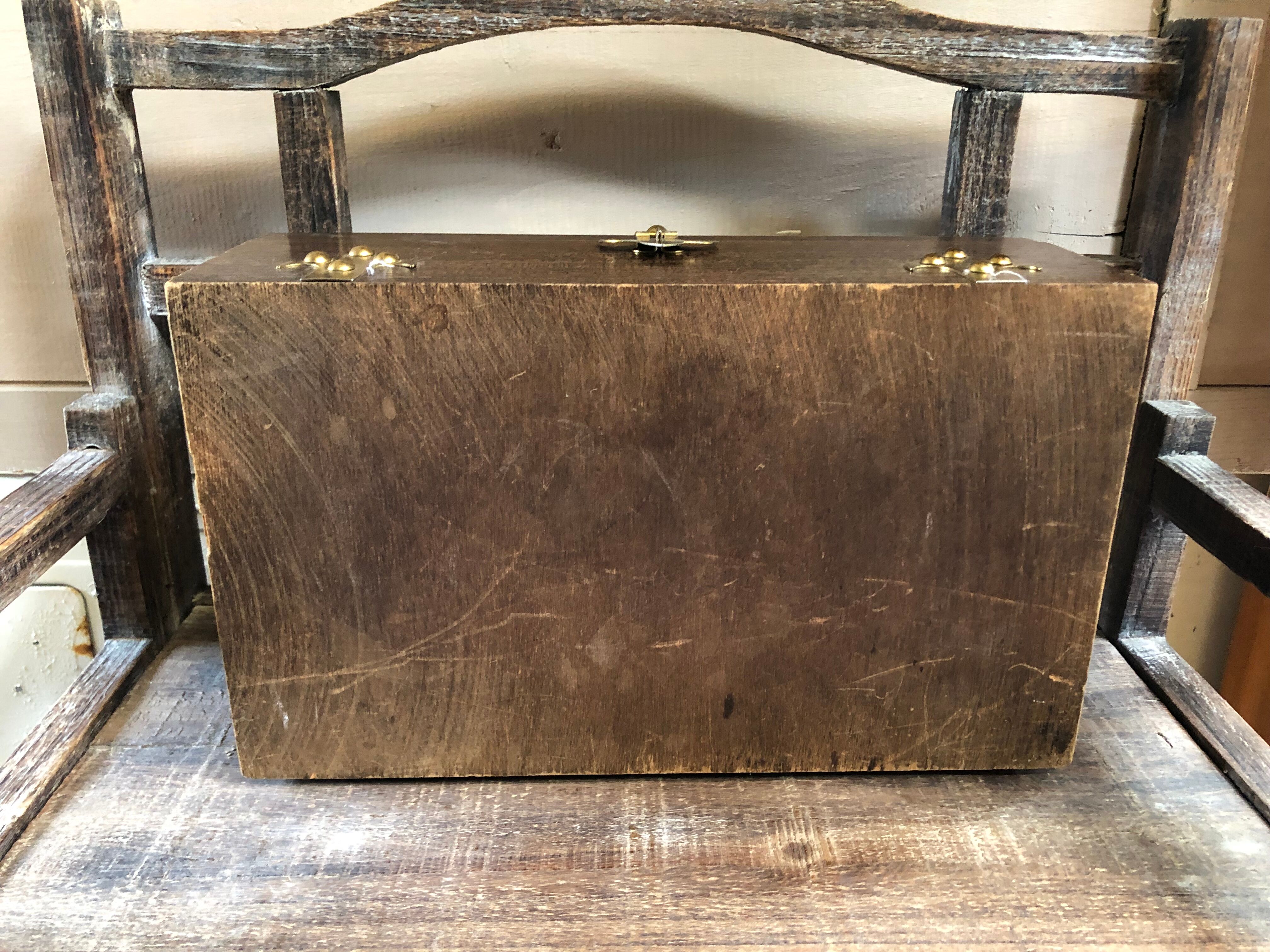 Old Box Storage Wood + Clamoir Metal Gilded Interior Fabric Red Vintage