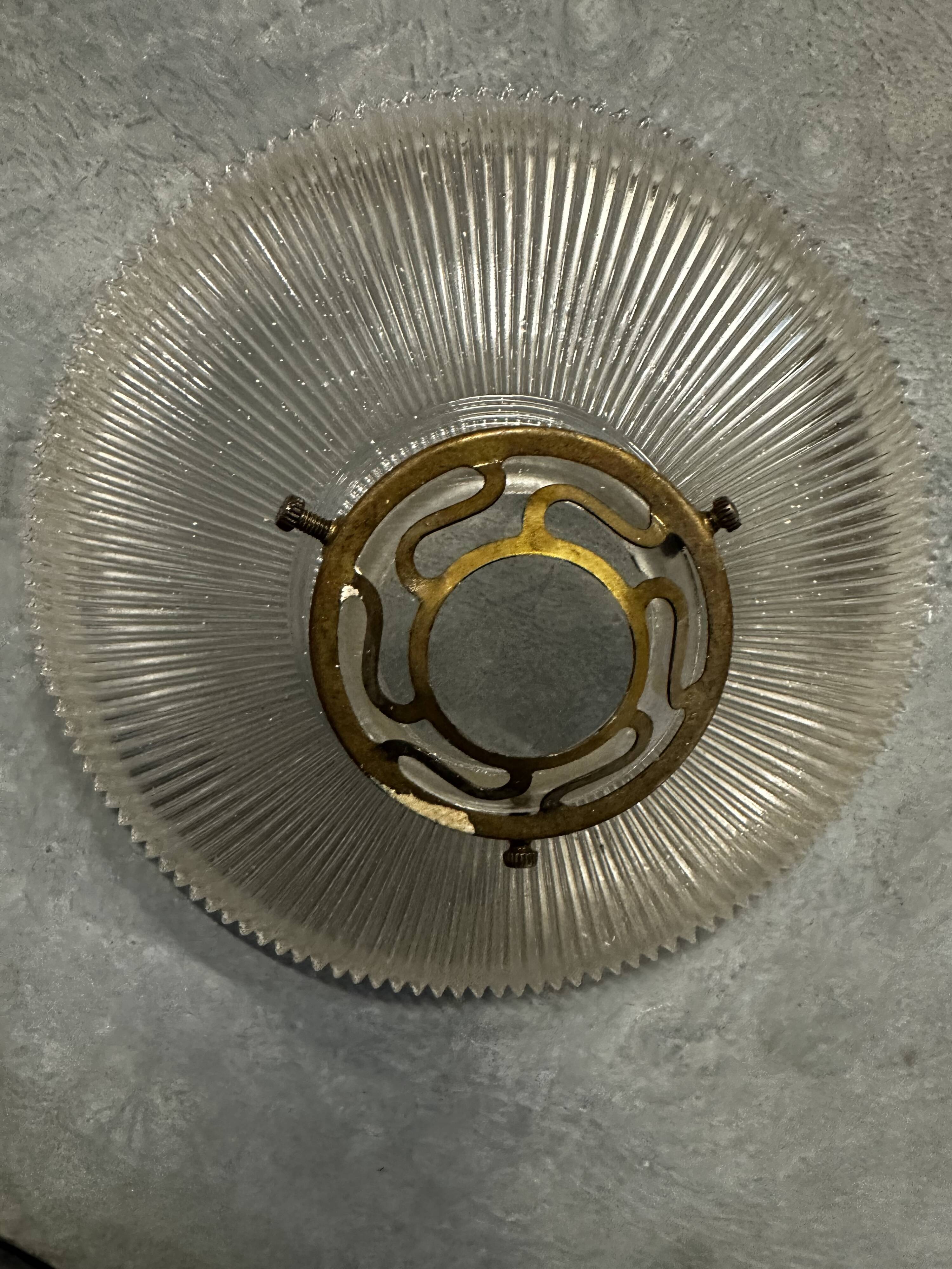 Suspension in holophane striated glass and brass support - art-deco period