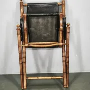 1970s French Folding Safari Chair in Teak, Black Leather and Brass