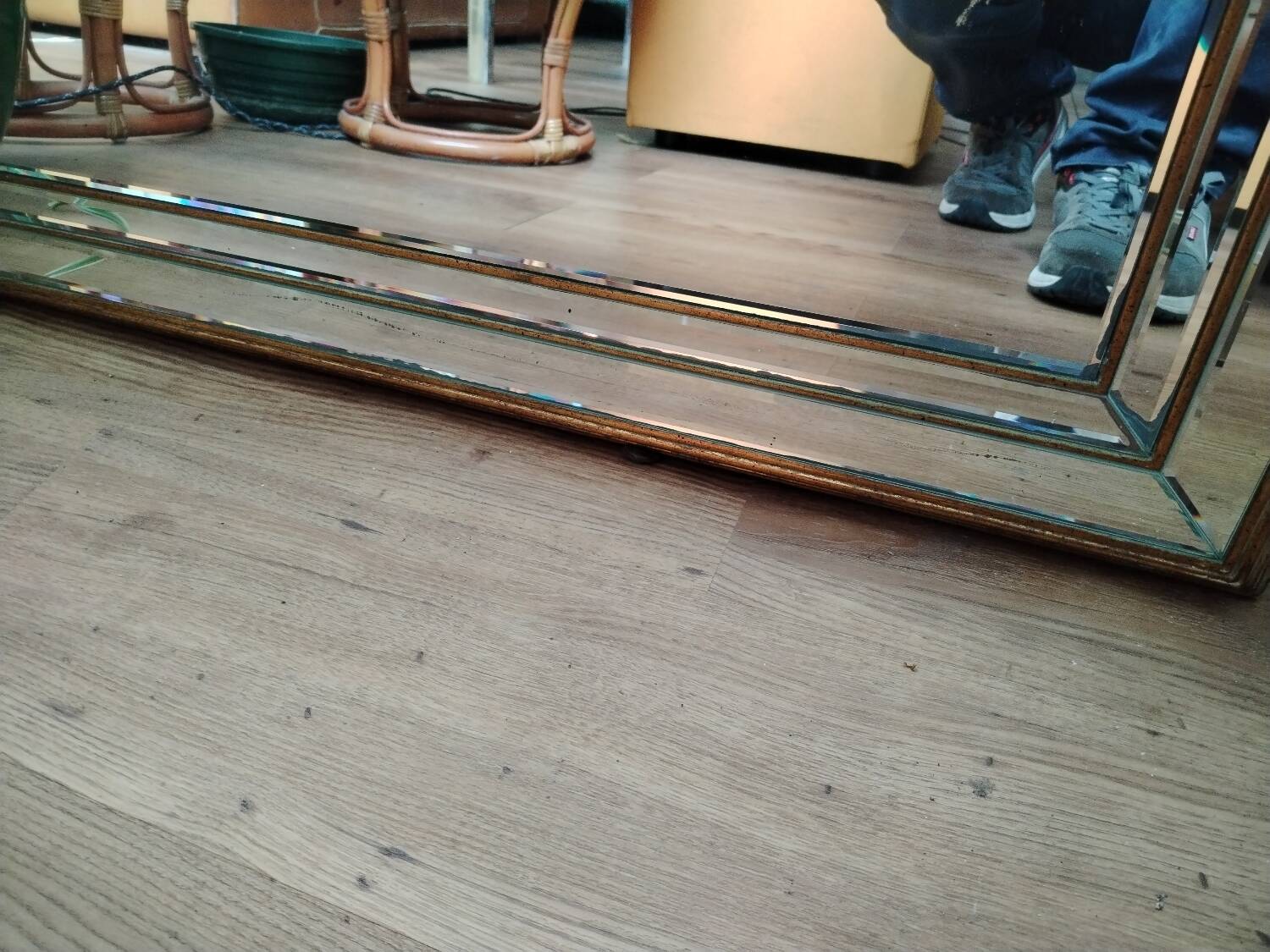 Large Wooden Mirror with Beveled Beads 1970s