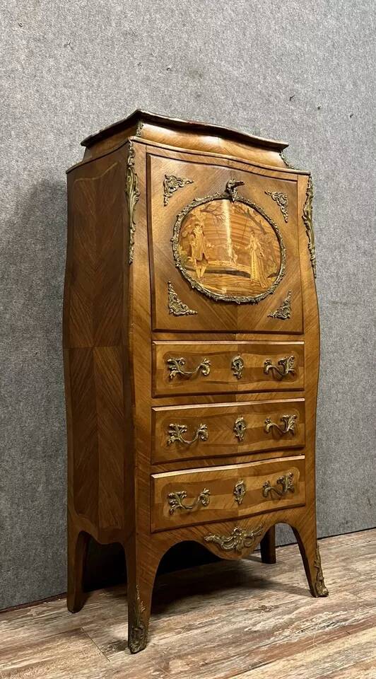Fully curved Louis XV style secretary in precious wood marquetry circa 1850