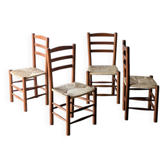 4 vintage brutalist chairs with rope by DLG Sentou or Perriand, 1960.