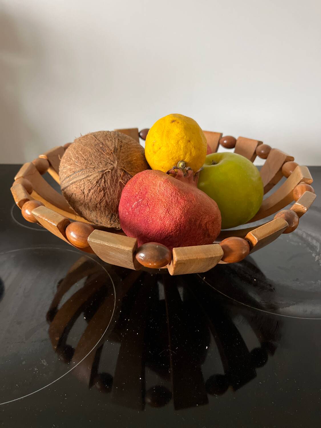 Art deco fruit bowl in olive wood