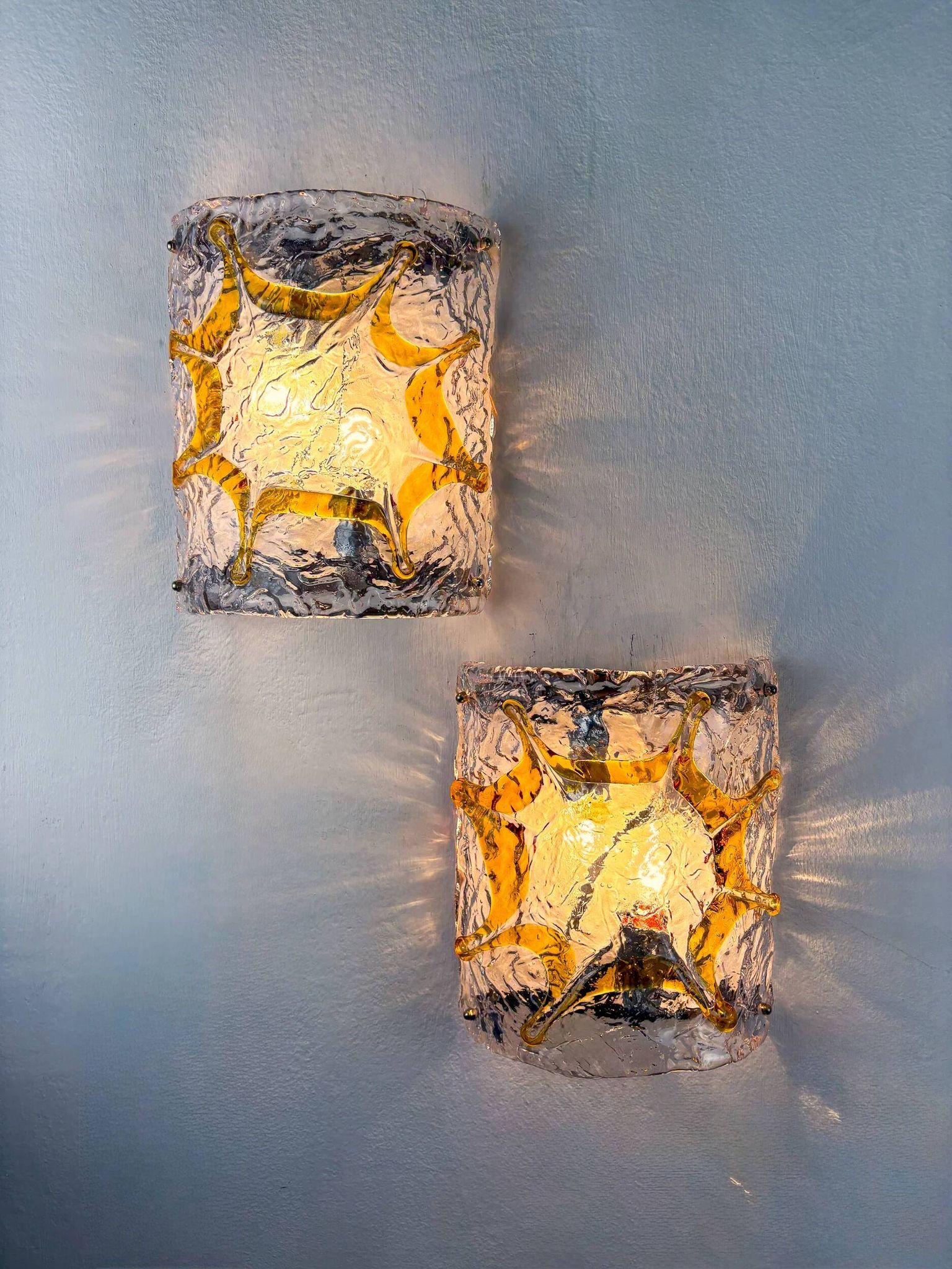 Pair of Mazzega Murano wall lights, orange frosted textured glass, Italy, 1970s