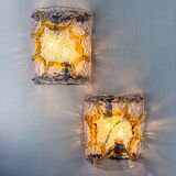 Pair of Mazzega Murano wall lights, orange frosted textured glass, Italy, 1970s