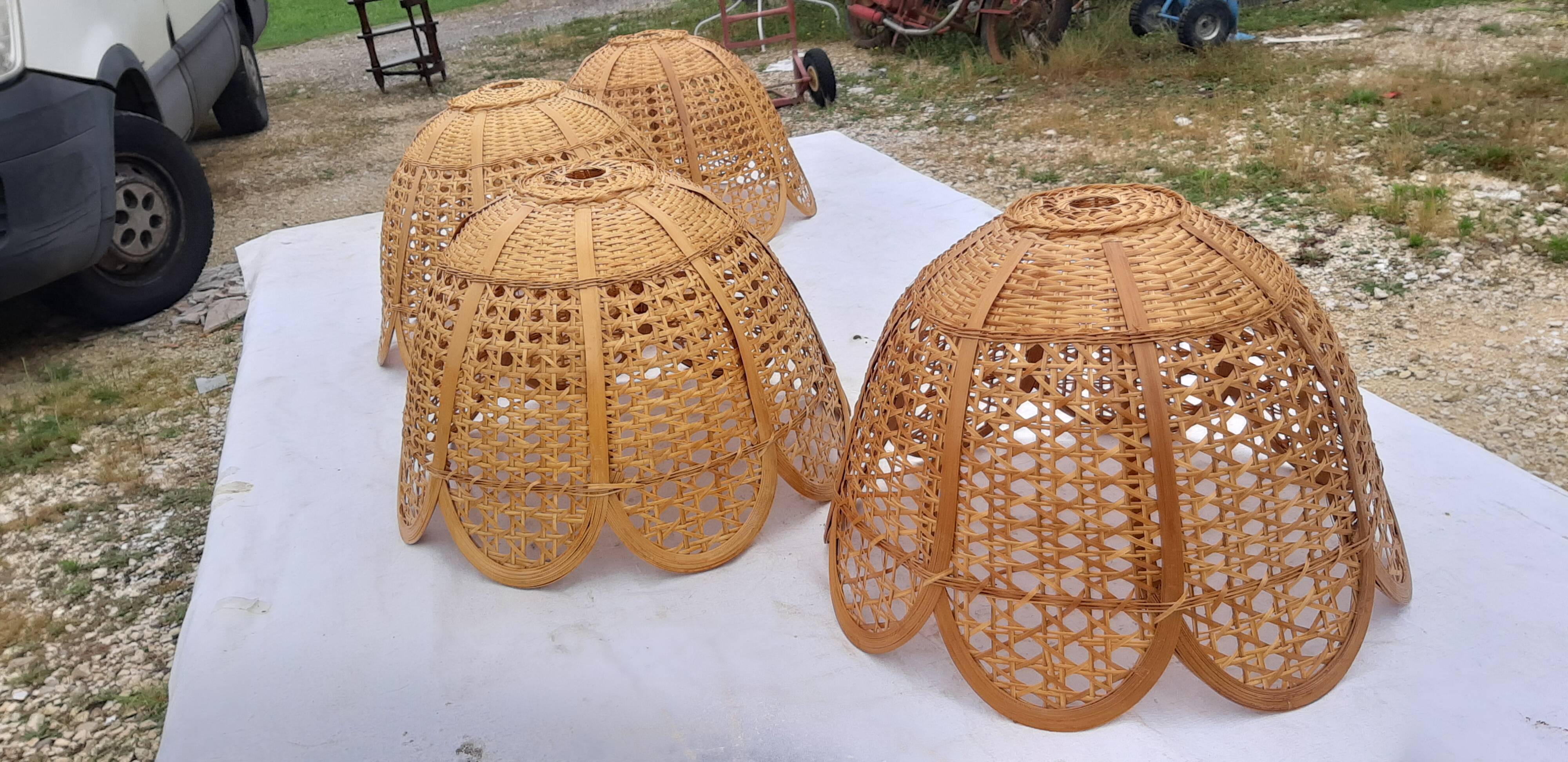 Set of 4 vintage wicker pendant lamps
