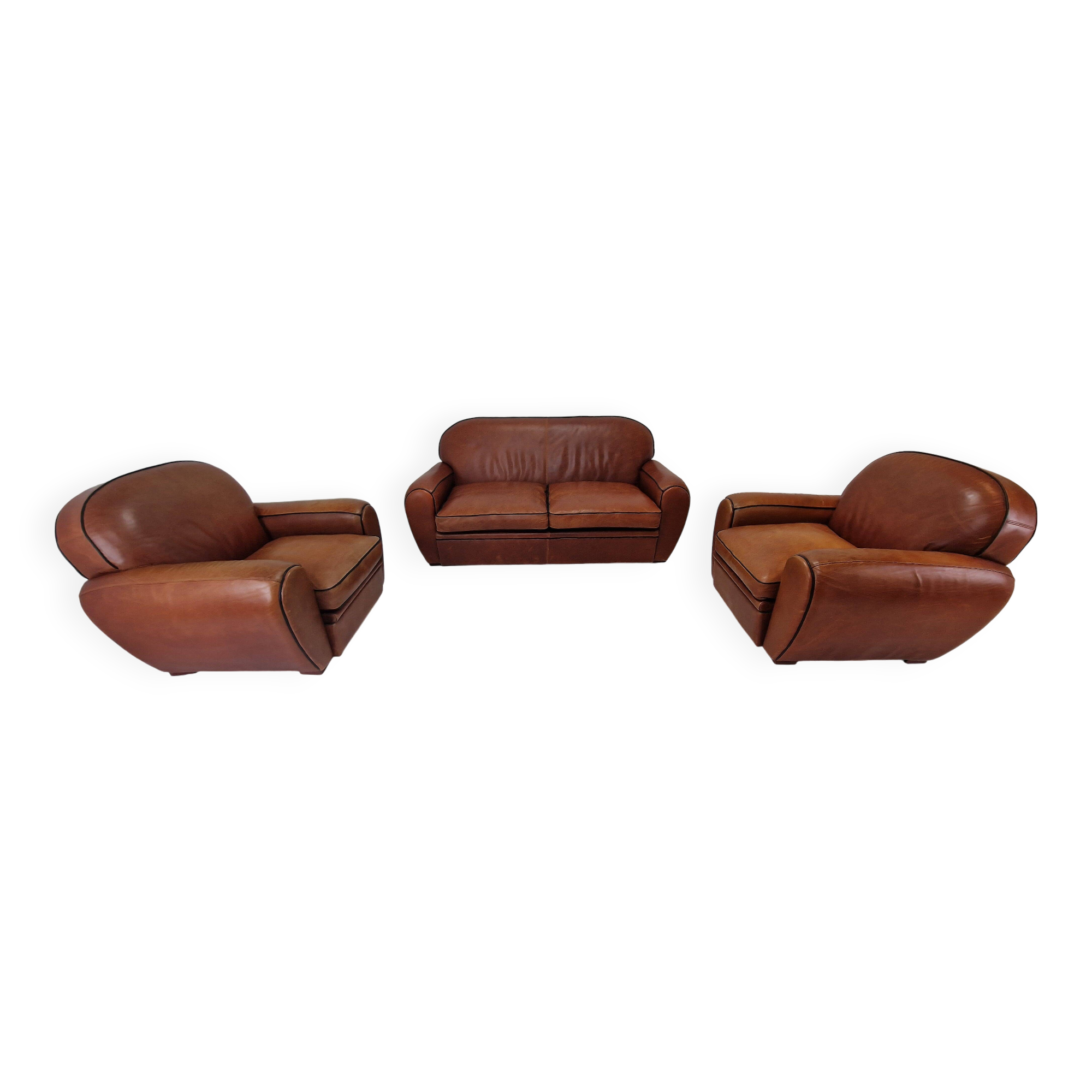 Set of 2 Club Chairs and 1 Sofa in Saddle Leather by Jan Frantzen, Netherlands