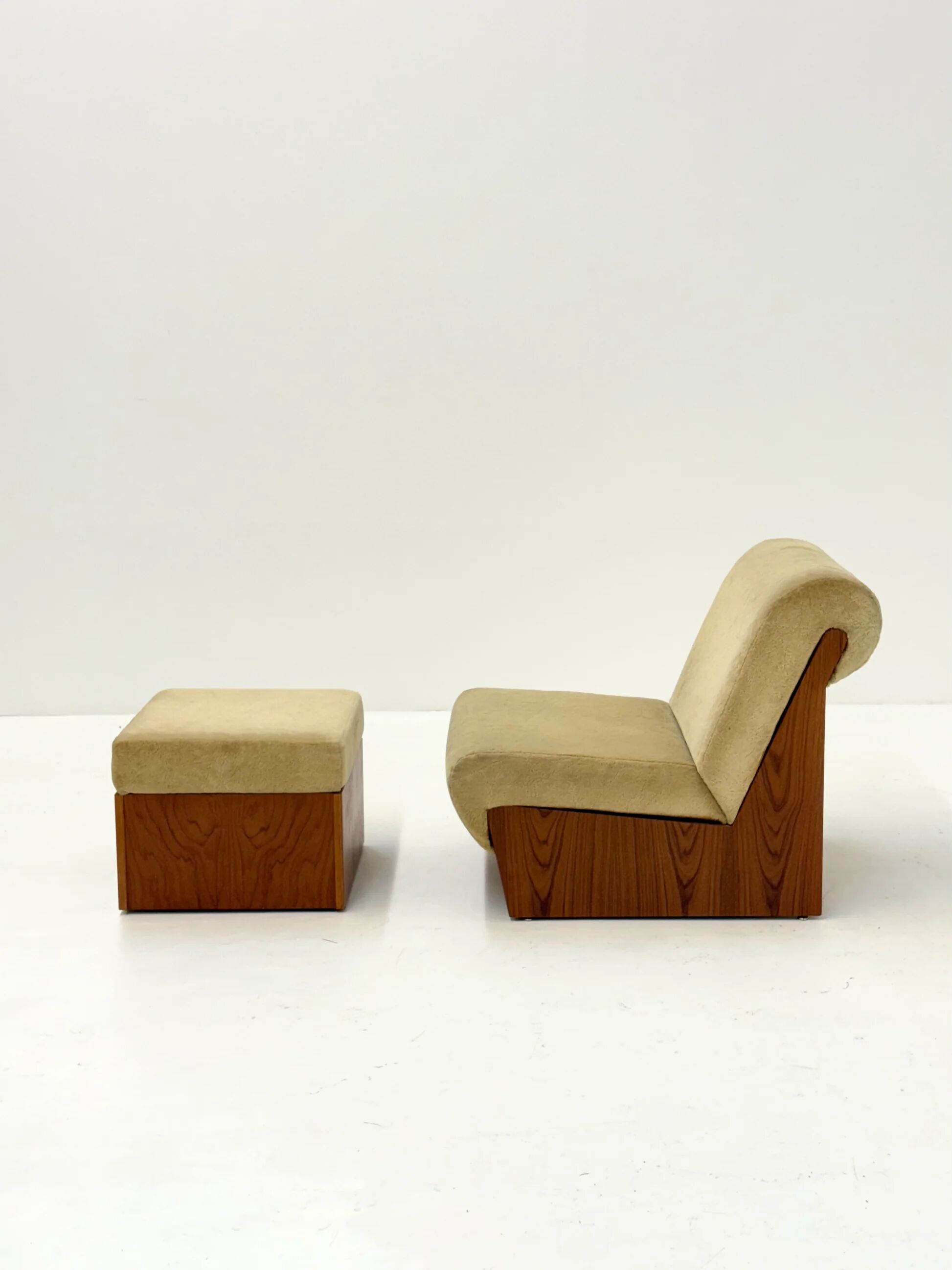 Vintage mid-century beige armchair with wooden frame and ottoman