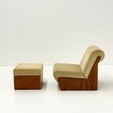 Vintage mid-century beige armchair with wooden frame and ottoman
