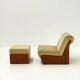 Vintage mid-century beige armchair with wooden frame and ottoman