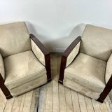 Pair of Art Deco armchairs in rosewood and suede.