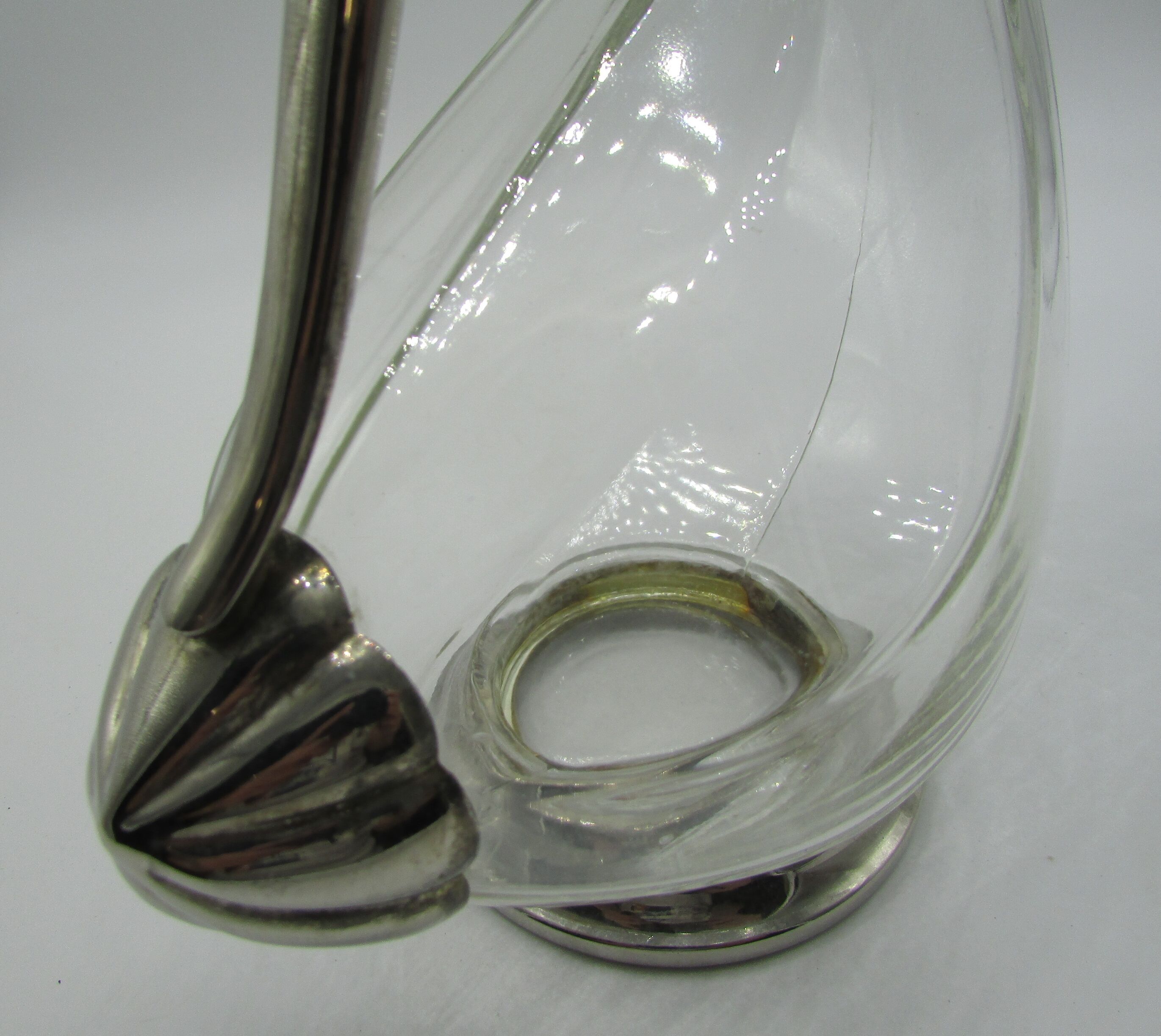 Decanter carafe glass and silver metal duck shape