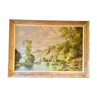 Huile sur toile signée Roger Houck, Paysage à la rivière 170x120 cm