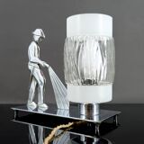 Rare Art Deco "Fire Soldier" Chromed Bronze Lamp, Poland, 1950-60