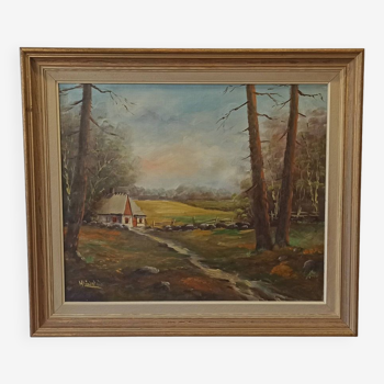 Vintage painting "Gîte on the edge of the forest" .