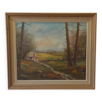 Vintage painting "Gîte on the edge of the forest" .