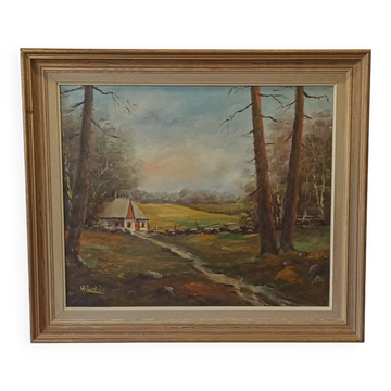 Vintage painting "Gîte on the edge of the forest" .