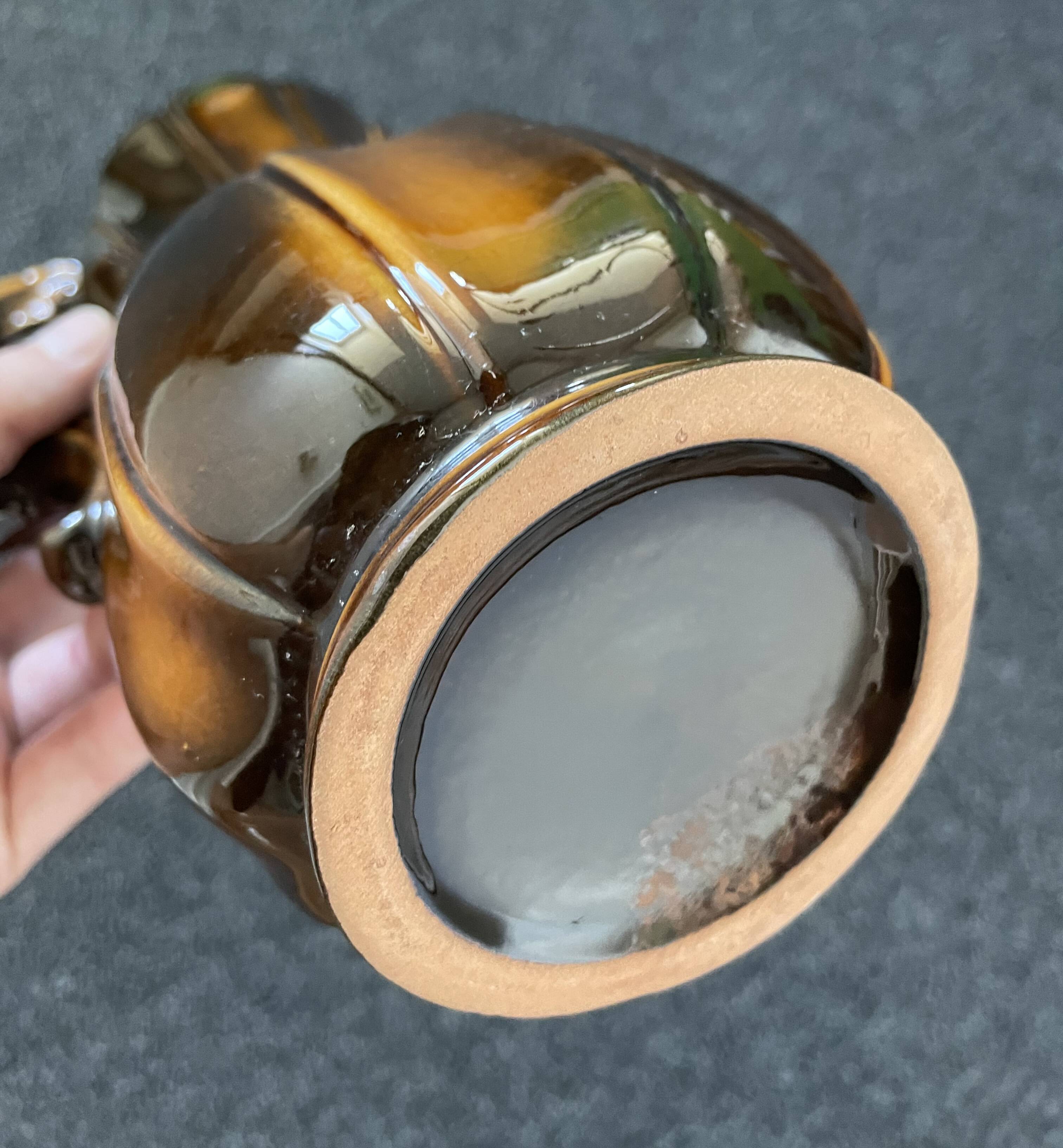 German Pitcher with Vertical Brown Stripes and Rococo Style Handle, Vintage Ceramic Made from Red Cl