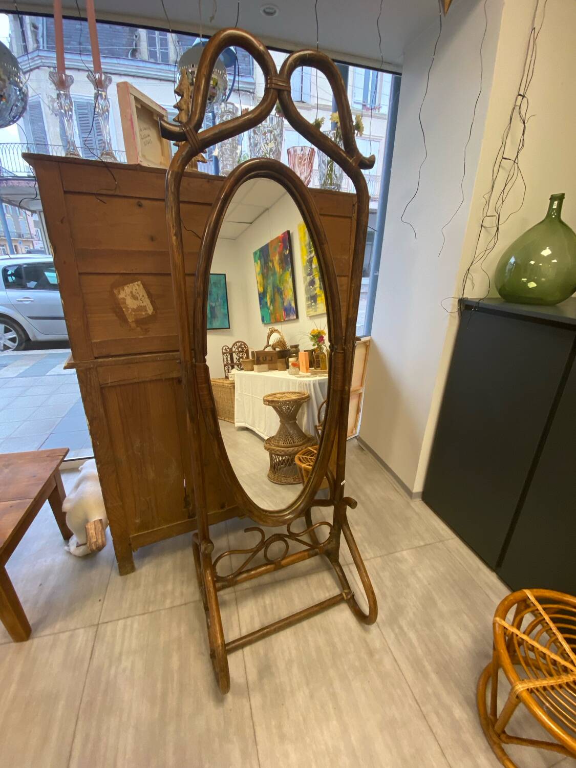 Rattan psyche mirror