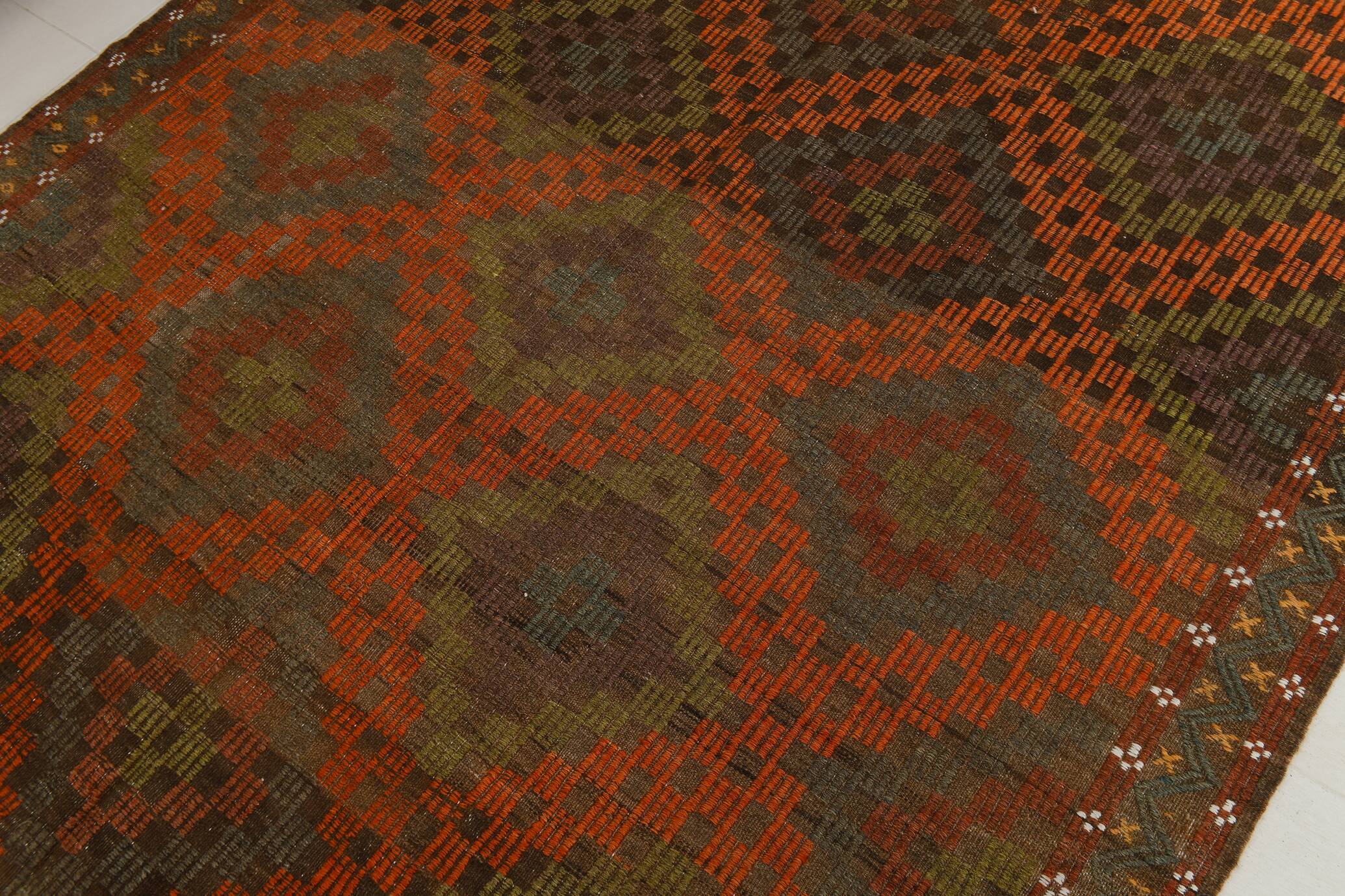 Tapis Kilim Tribal Vintage – Motifs Géométriques Terre & Orange, 207x301 Cm