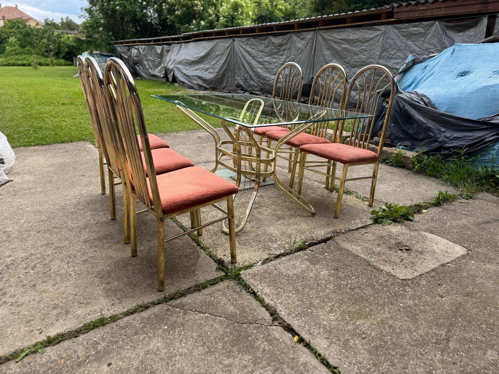 Italian brass dining table and chairs, 1970s, set of 7