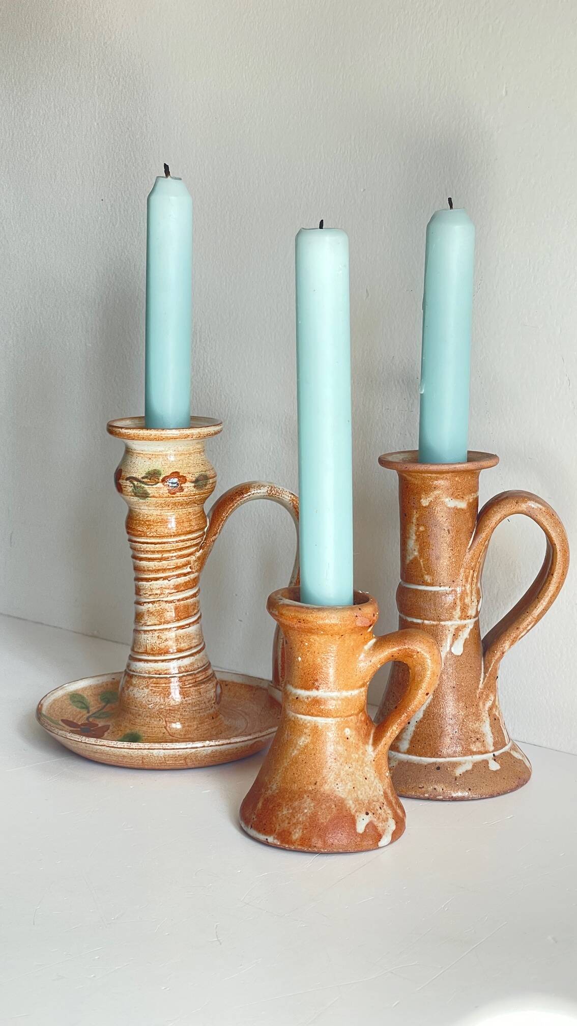 3 vintage handcrafted pottery candle holders