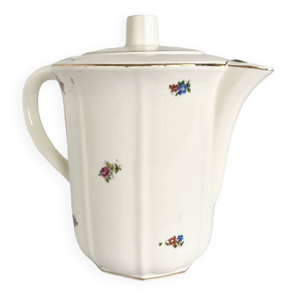 Cafetière française ancienne faïence Badonviller motif fleuri couleur crème liseré doré