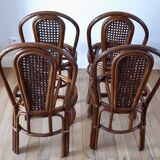 Set of 4 rattan / bamboo chairs and canning with cushions 50-60s
